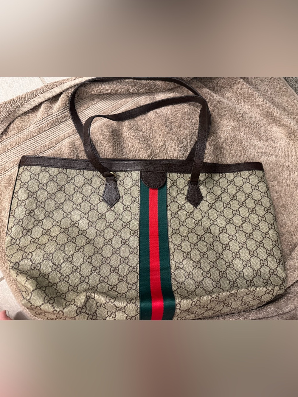 Designer Inspired Beige Supreme Purse (Bag) w/ Green & Red Web Stripe - Signatur - Picture 3 of 10